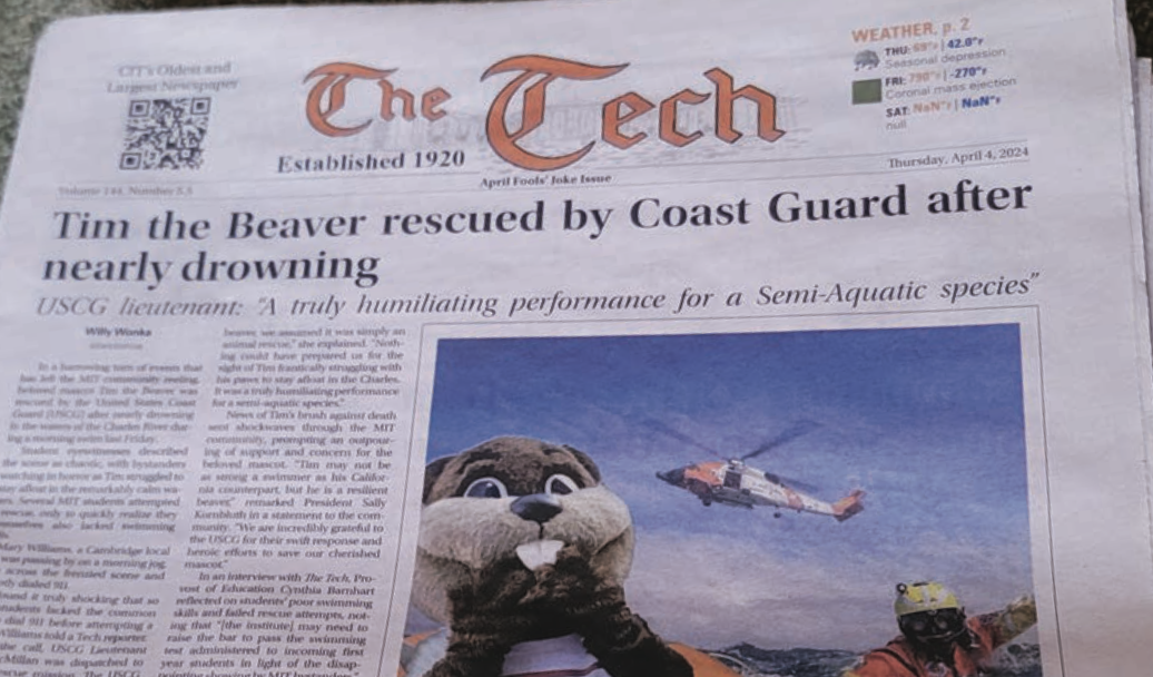 Stack of Tech newspapers with headline reading “Tim the Beaver rescued by Coast Guard after nearly drowning”.