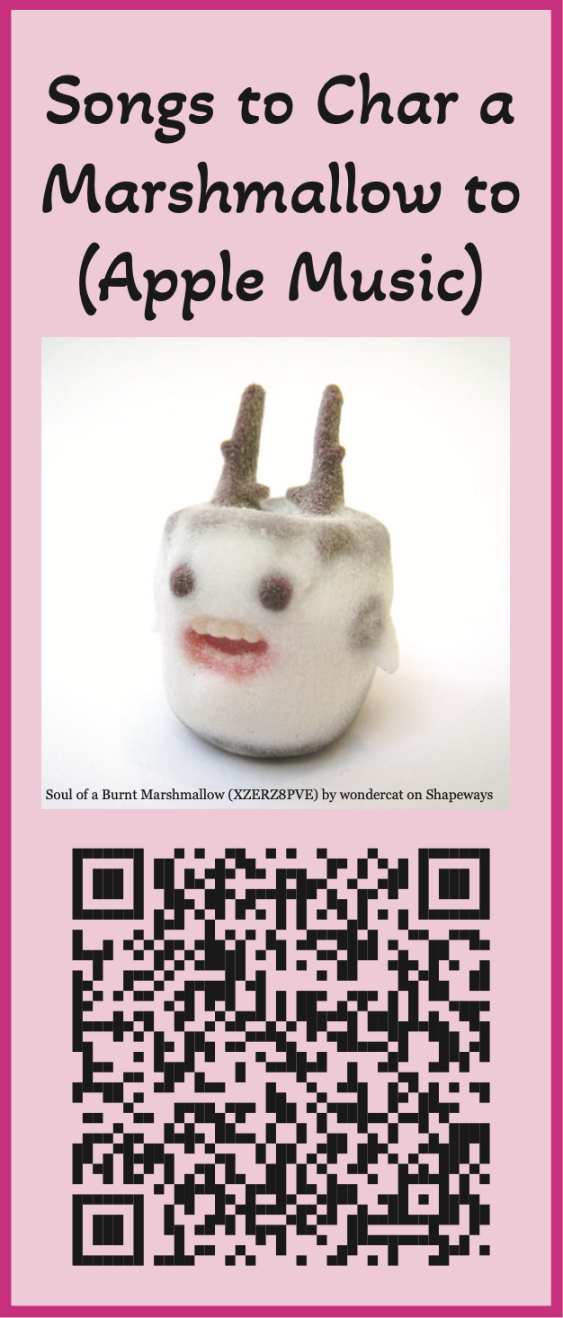 QR code to Apple Music playlist, with picture of a charred marshmallow with eyes and a mouth