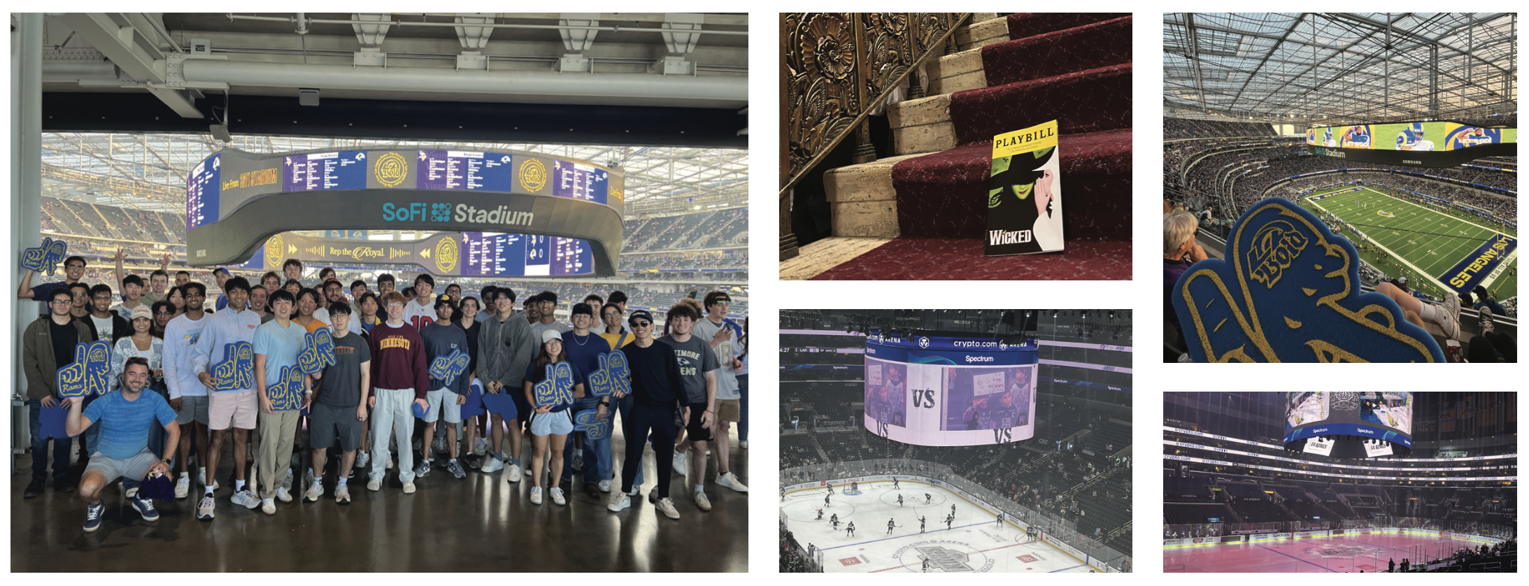 Photo collection: 1. Crowd of people posing with LA Rams merch at Sofi Stadium. 2. A Wicked musical playbill on a staircase. 3. Aerial shot of a hockey game. 4. Shot from the bleachers of a football game. 5. Photo of the Staples Center arena, empty.